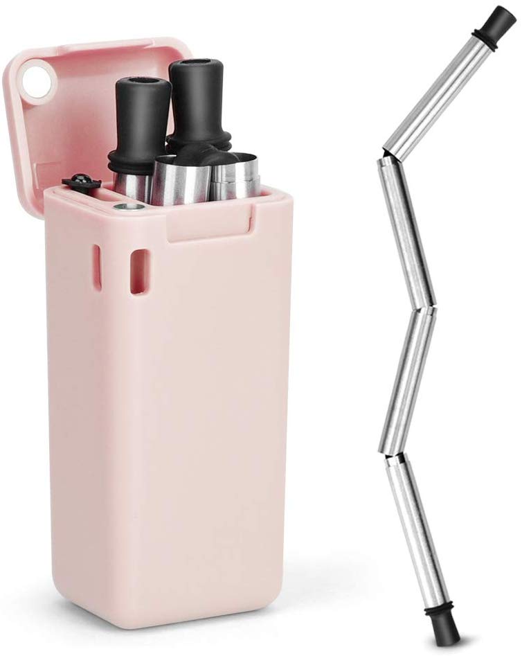 Paille en inox pliable - boîte de rangement rose Pailles en Acier Inoxydable Pliables avec boite de rangement
