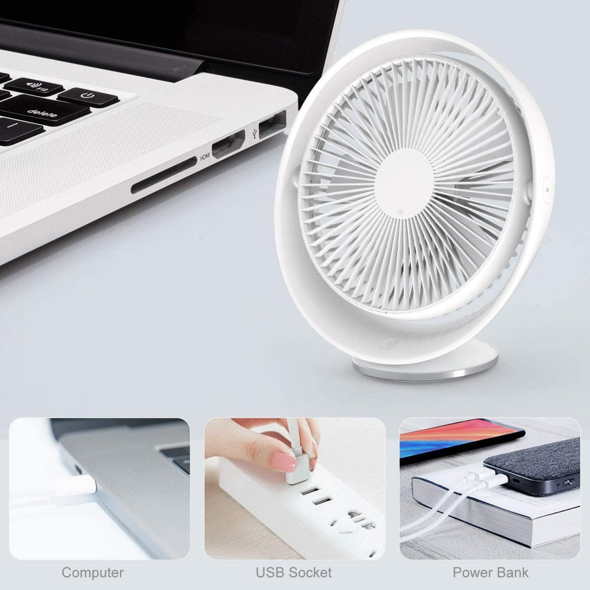  Mini Ventilateur USB de bureau avec batterie - 3 Vitesses - Blanc - TedGem