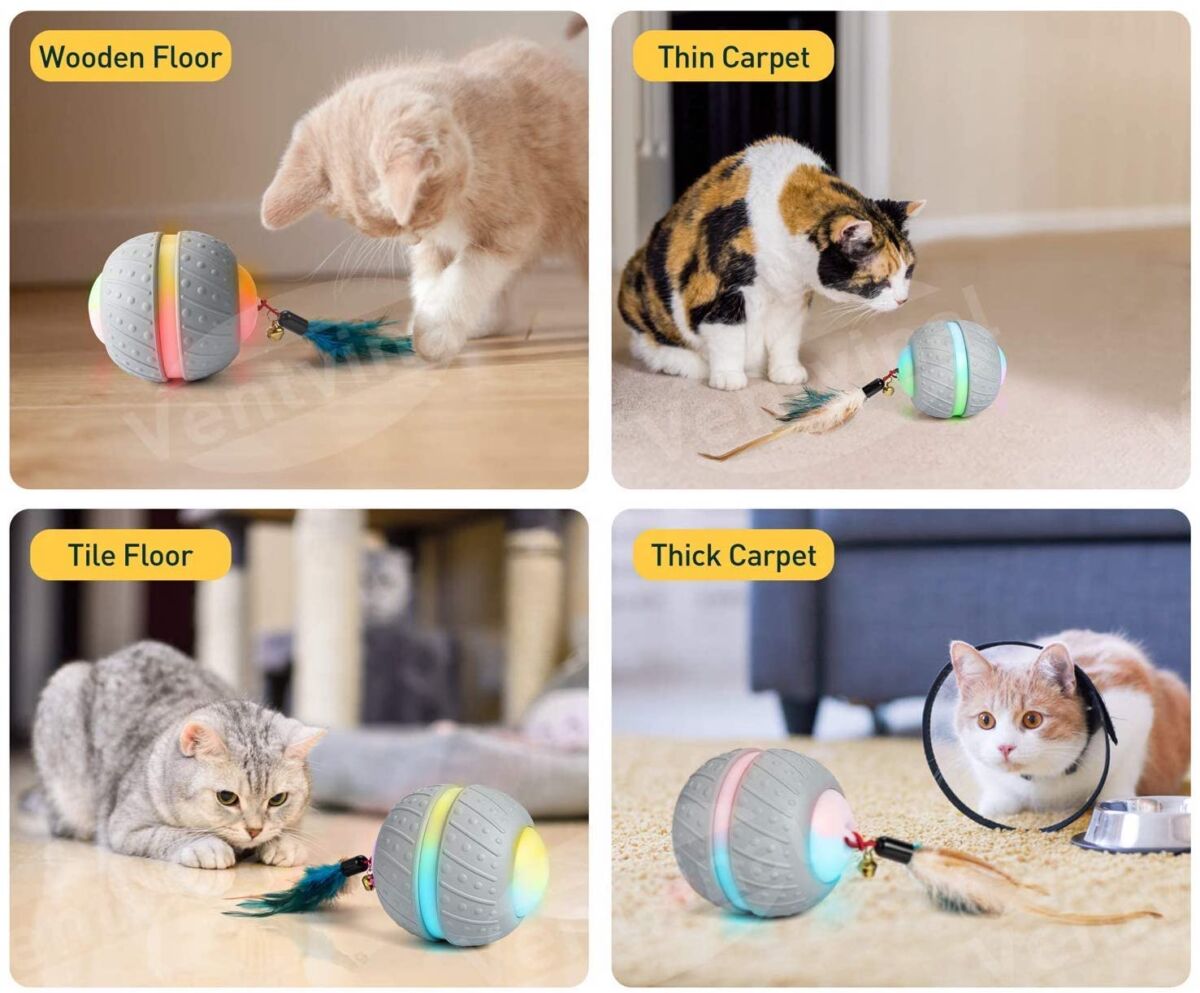  Balle interactive pour chat avec lumière et plume