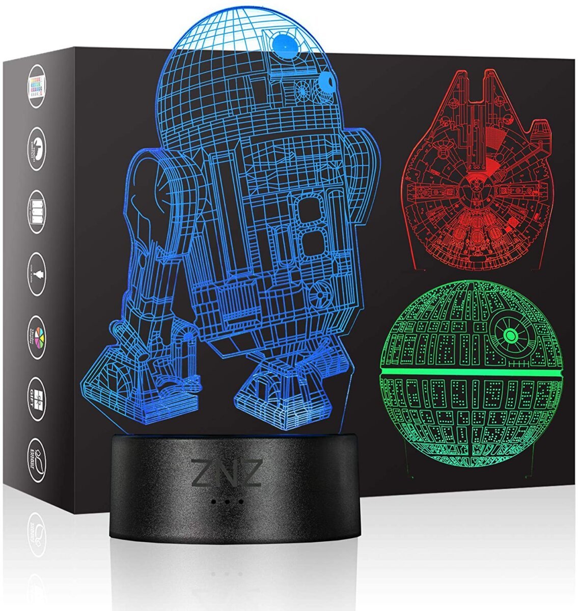  Lampe veilleuse effet 3D - Star Wars : Étoile de la Mort, R2-D2, Faucon Millenium