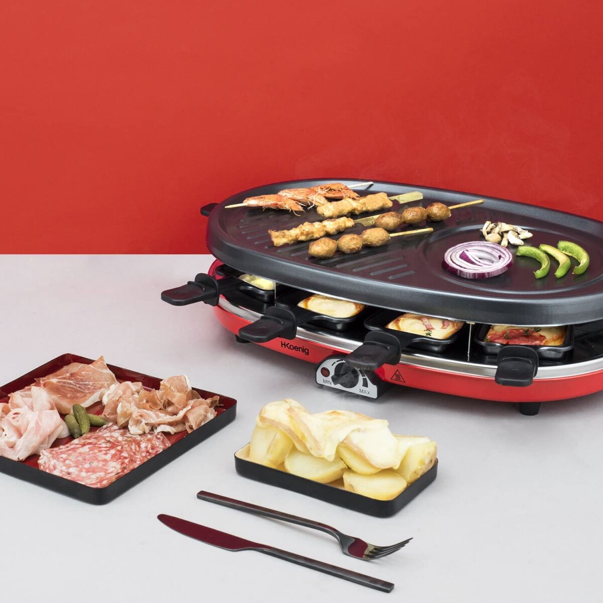  Appareil à raclette 8 personnes 4-en-1 : Crêpe Grill Plancha - KOENIG