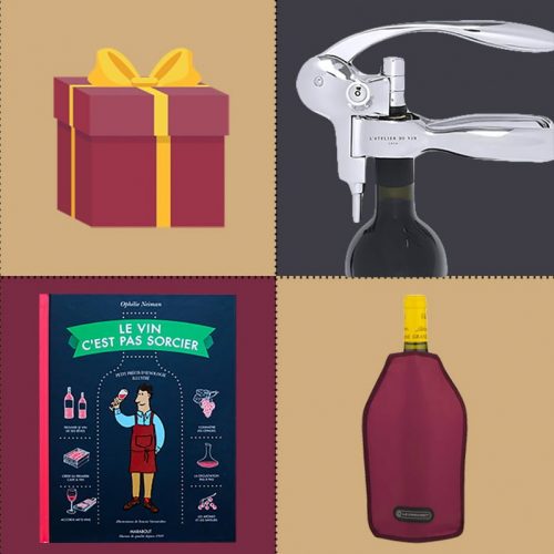 Sélection d'idées cadeaux dans la thématique du vin : tire-bouchons, coffrets vin, cours oenologie...
