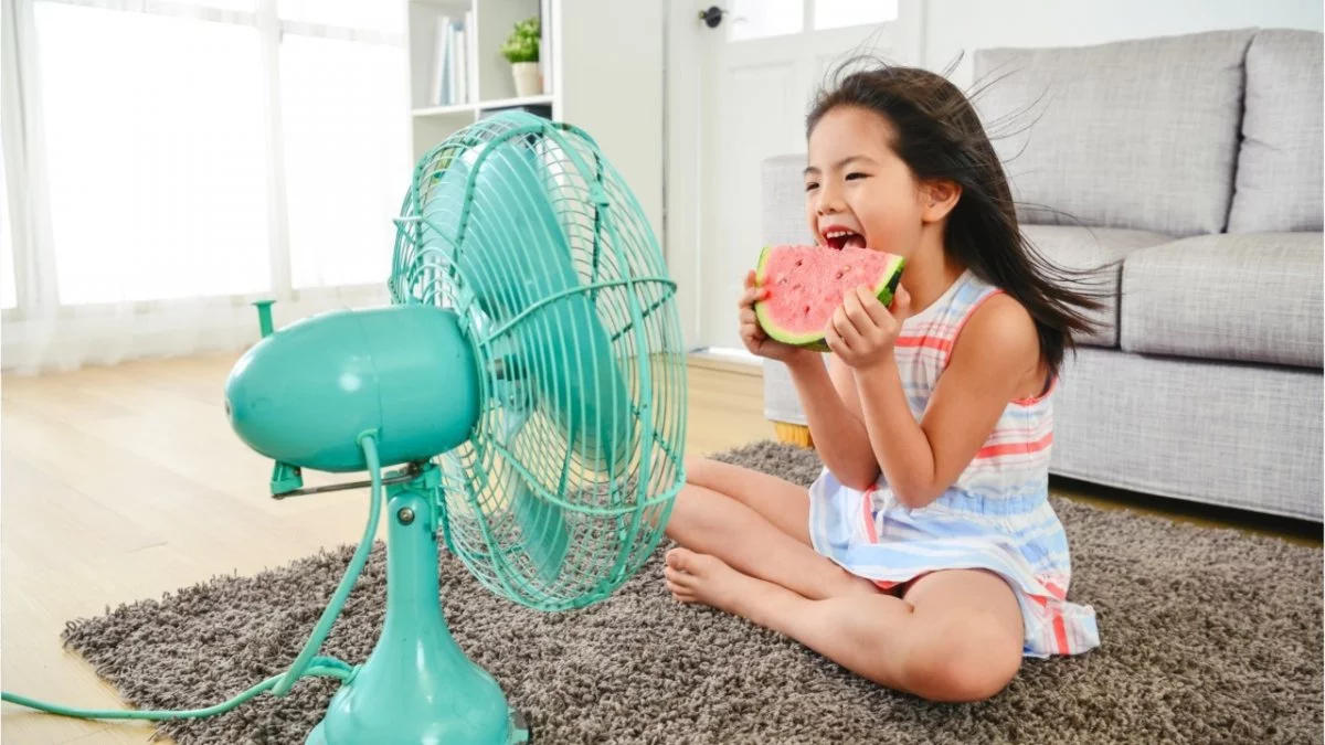 Guide complet des Meilleurs Ventilateurs - Guides d'achat et Idées Cadeaux pour toute la famille Quels sont les avantages d'un ventilateur en 2020 ? - Fille qui manque de la pastèque devant un ventilateur vintage